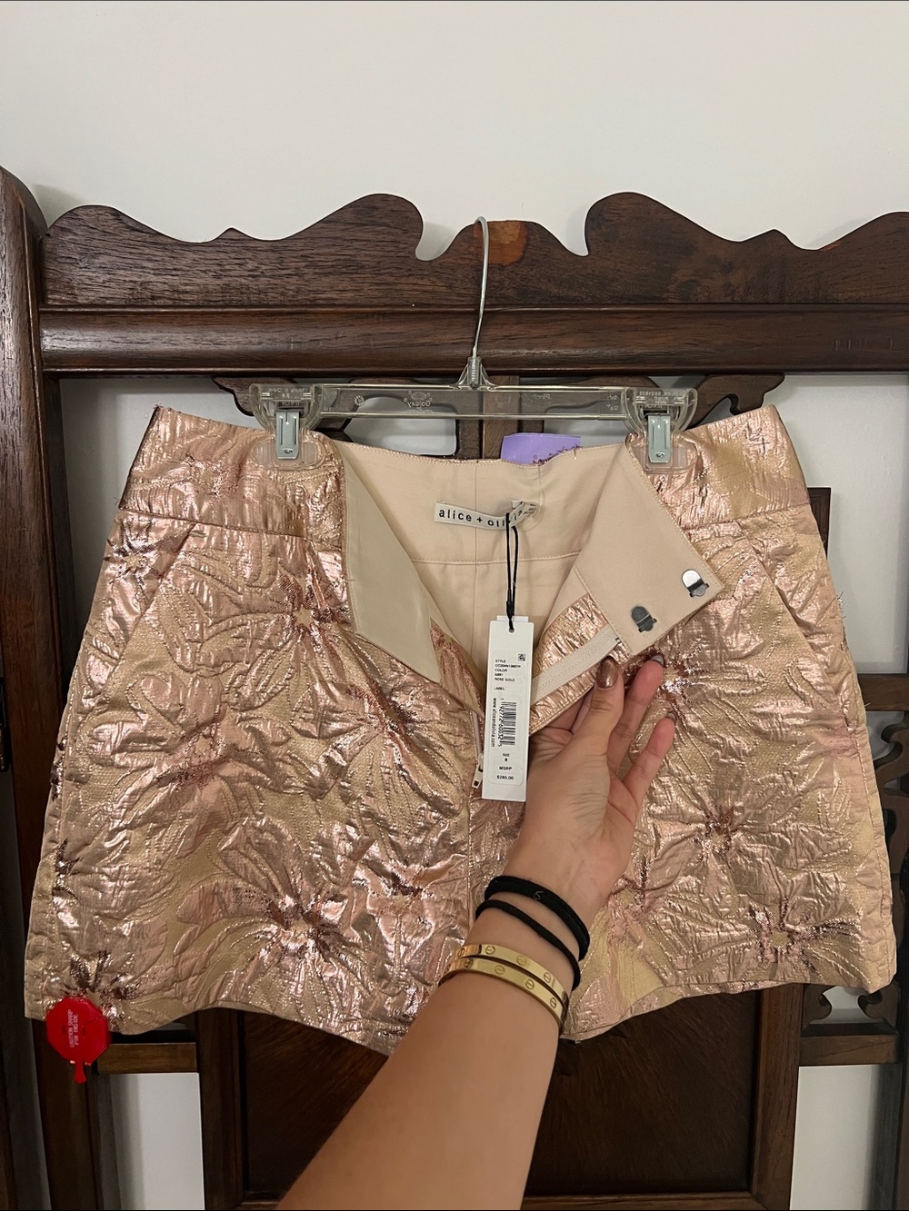 Alice + Olivia Metallic Rose Gold Embossed Floral High-Waist Shorts - Picture 4 of 6